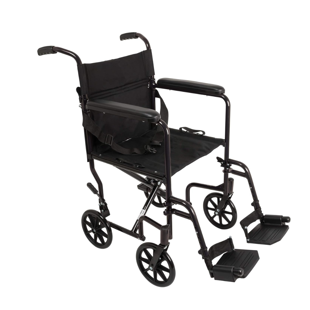 The ProBasics Aluminum Lightweight Transport Chair is a black folding wheelchair with armrests, a safety belt, footrests, four small wheels, and a foldable frame for easy transport.